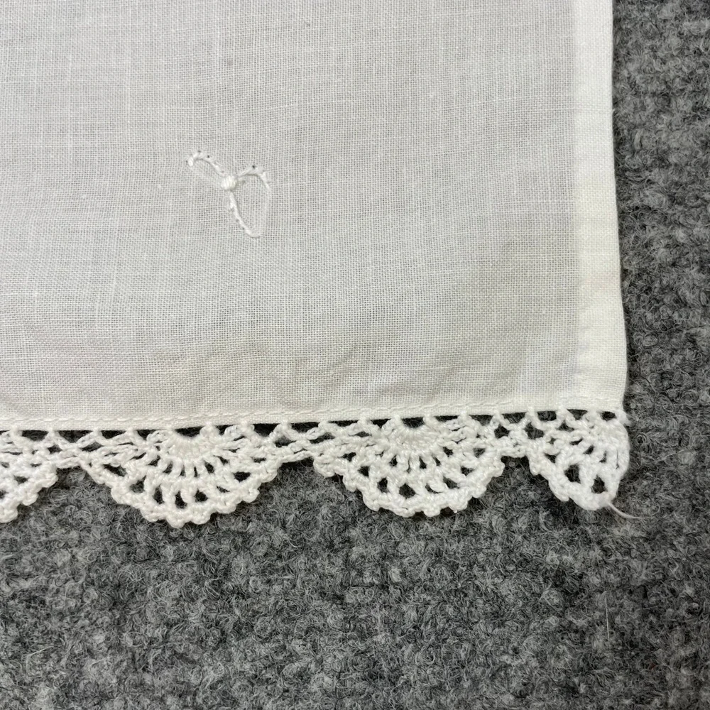 Antique Tea Towel White Vintage Floral Embroidered Lace Trim Cottagecore Bridal